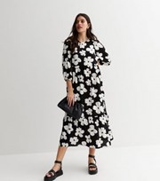 New Look Black Floral 3/4 Puff Sleeve Tiered Midi Dress